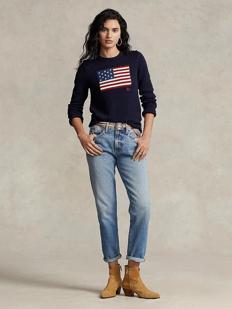 Polo Ralph Lauren pour femme. 211896939001 Pull en coton avec drapeau de la marine (L), Bleu, Casuel 2